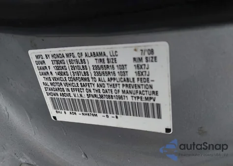 2008 Honda Odyssey Ex-L z USA, uszkodzony, nr VIN 5FNRL38708B109671